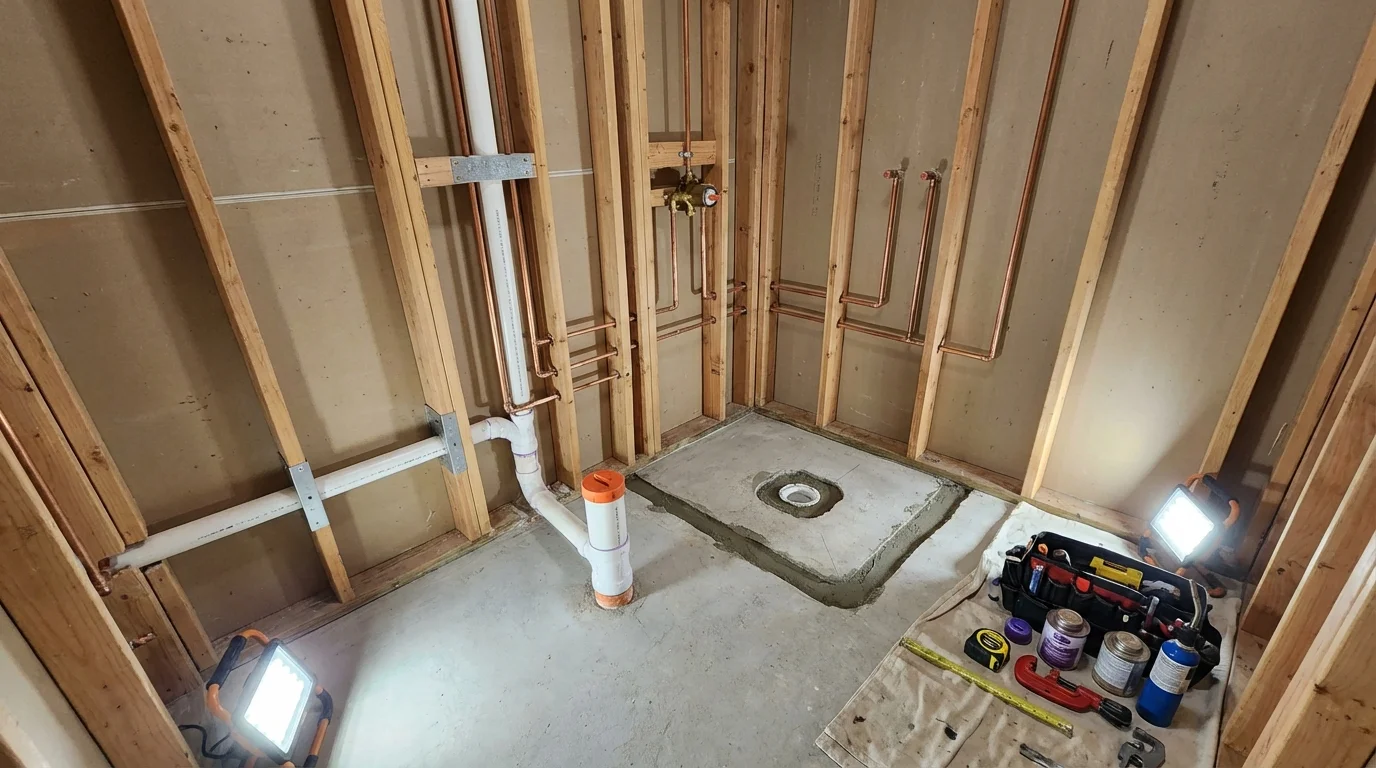 Bathroom rough-in plumbing during remodel by Johns Plumbing LLC in Mineola
