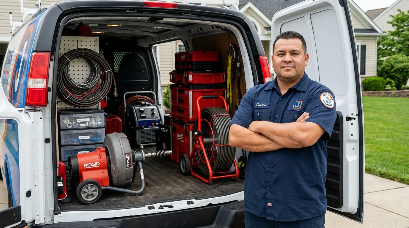 Professional drain cleaning equipment and Johns Plumbing LLC plumber in Mineola