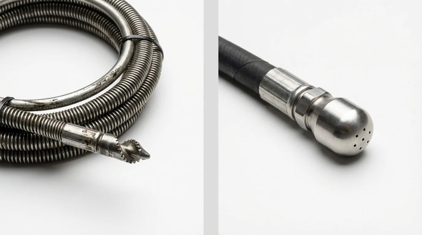 Drain snake cable and hydro jetting nozzle used for drain cleaning in Mineola, NY