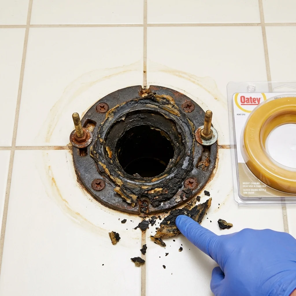 Failed wax ring showing water seepage at the base of a toilet in a Mineola, NY home