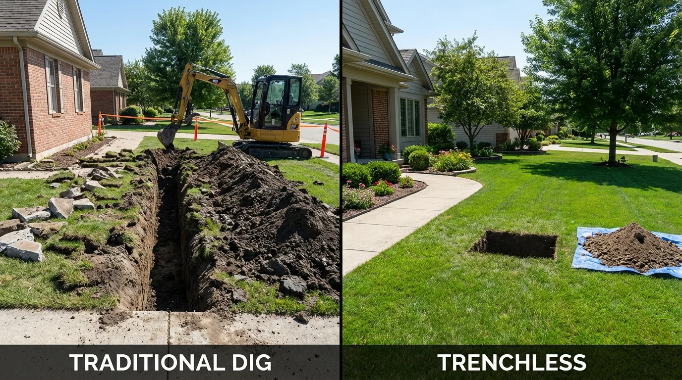 Trenchless sewer repair with minimal yard damage versus traditional excavation in Mineola, NY