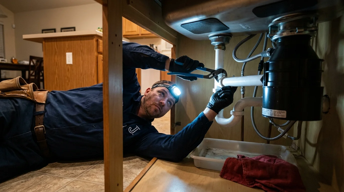 P-trap and supply line connections under a kitchen sink showing a common leak point in Mineola, NY
